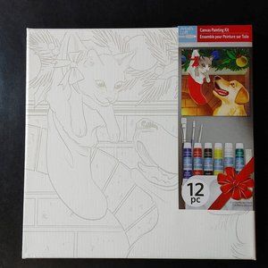 New Artist’s Loft Canvas Painting Kit Christmas Cat Dog 12 pc Paint Brush